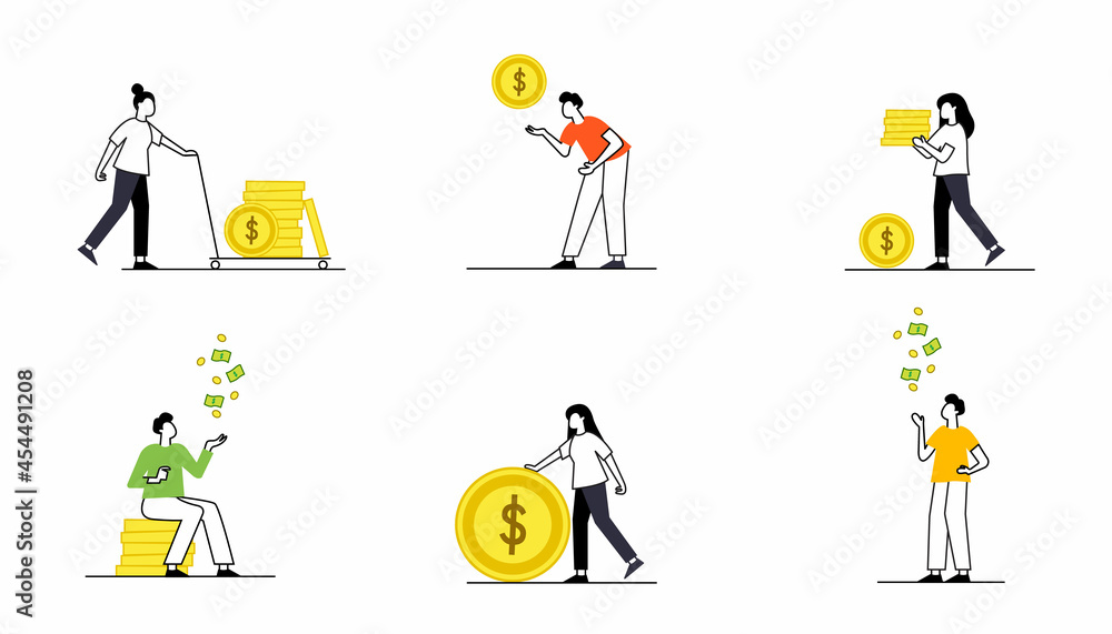 people holding money, coin icon set. vector.