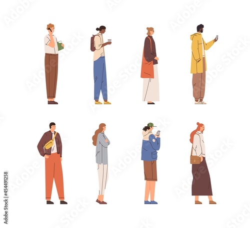 Set of people standing and walking with mobile phones and coffee cups in hands. Side view of man and woman stopped for looking at smartphone outdoors. Flat vector illustration isolated on white