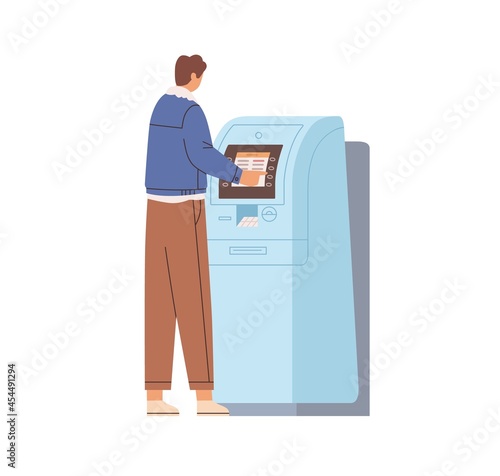 Person withdrawing cash in ATM. Man using automated teller machine for money withdrawal and bank payments. Electronic terminal with touch screen. Flat vector illustration isolated on white background