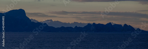 Dramatic ocean view in Lofoten Norway. Mountains in the background.