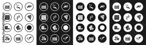 Set Hand holding deck of playing cards, Online poker table game, Slot machine with lucky sevens jackpot, casino, roulette wheel and Game dice glass whiskey ice cubes icon. Vector