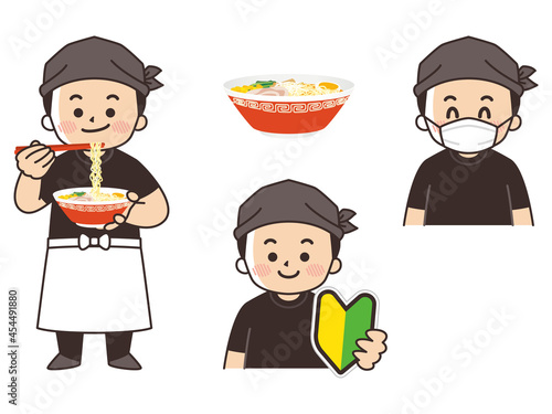ラーメン屋の男性店員　求人募集　初心者マーク　マスク着用