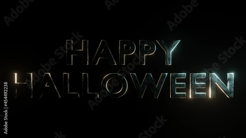 3d metallic text Happy Halloween shimmers in two colors on a dark background