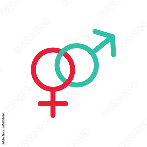 The female astronomical symbol of Venus and the male symbol of Mars, connected by rings, isolated on a white background. Concept: heterosexual couple, relationship between the sexes. Vector flat.