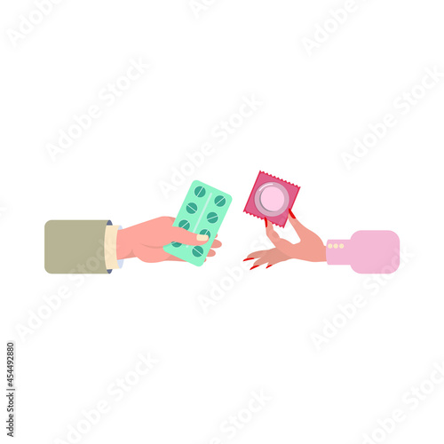 Male hand holds contraceptive pills. A female hand holds a condom. Concept: contraception, protection against unwanted pregnancies and sexually transmitted diseases. Vector flat cartoon illustration.
