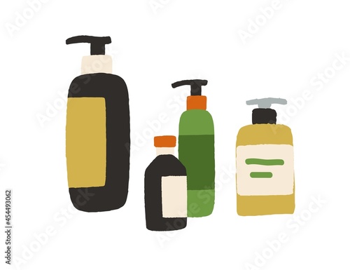 Bottles with cosmetic products and beauty essences. Cosmetics for body, hair, skin and facial care. Vials with pump caps of cream and soap for skincare. Flat vector illustration isolated on white