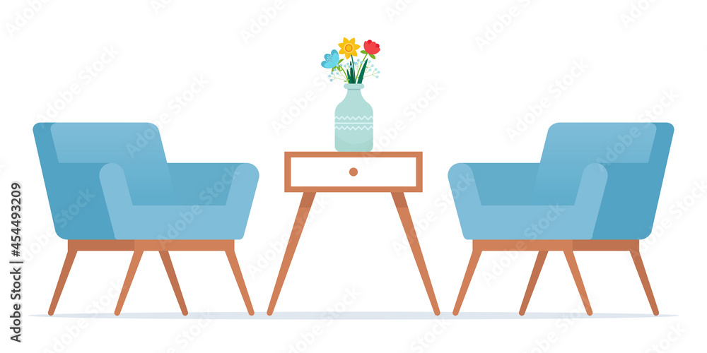 Two Armchairs and coffee table in modern style with vase. Front view. Vector illustration in flat style