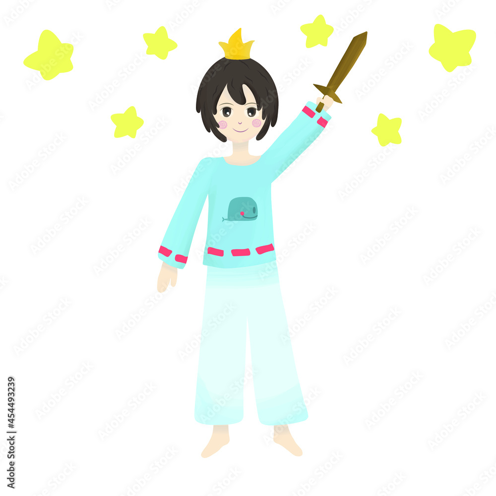 A little boy in pajamas before going to bed imagines himself as a prince with a wooden sword. Hand-drawn illustration. A little boy in pajamas before going to bed imagines himself as a prince with a wooden sword. Hand-drawn illustration.