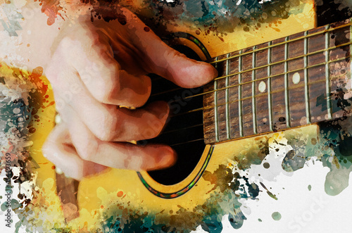 Musician playing acoustic guitar. Close-up of the guitarist's hand. Modern digital watercolor painting. photo