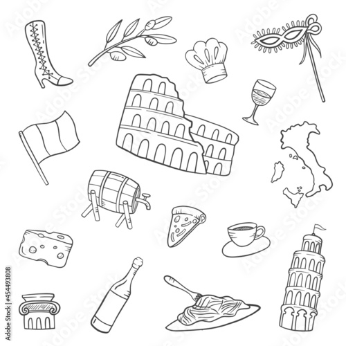 italy country nation doodle hand drawn set collections with outline black and white style