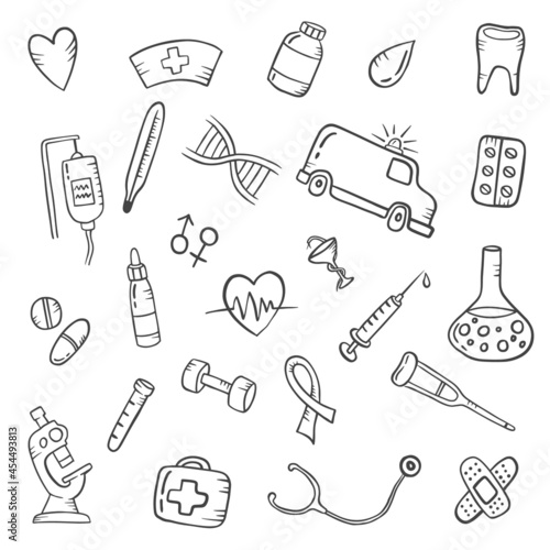healthcare industry concept doodle hand drawn set collections with outline black and white style