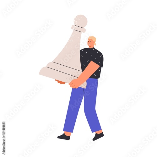 Concept of business start up and career beginning. First step in startup of happy beginner. Person carrying chess piece, pawn. Flat vector illustration of novice isolated on white background