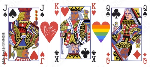 LGBT people are celebrated annually for human rights and tolerance. Vector illustration in the form of playing cards isolated on a white background with a double-sided image of men, women of different