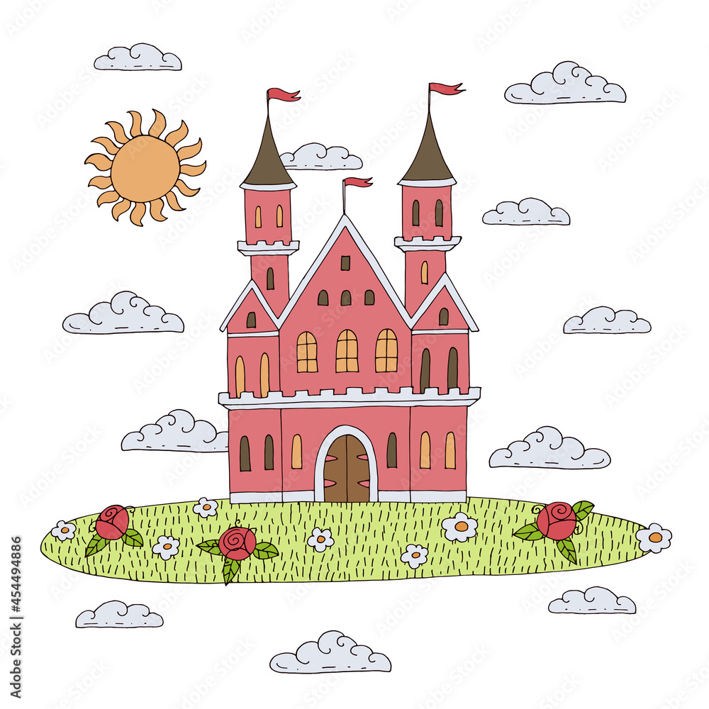 Cartoon fairy-tale castle doodle. Vector children's illustration with a magic castle on the grass with flowers, sun and clouds
