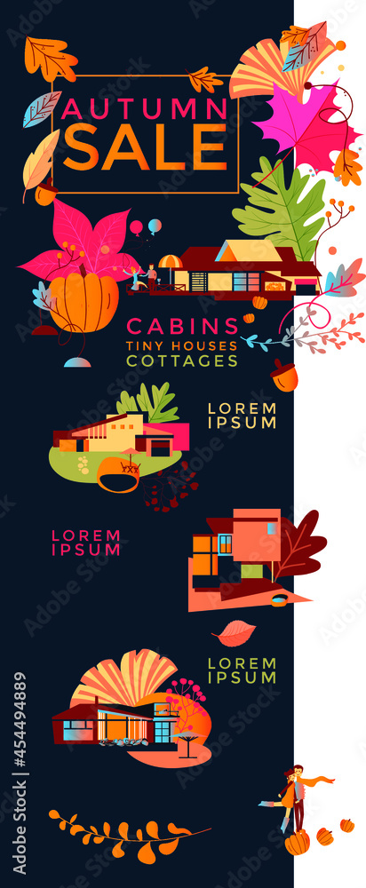 Cabin cottage tiny houses set modern architecture estate. Illustrated Catalog. Autumn sale. Leaves. Country landscape. Flat vector illustration.