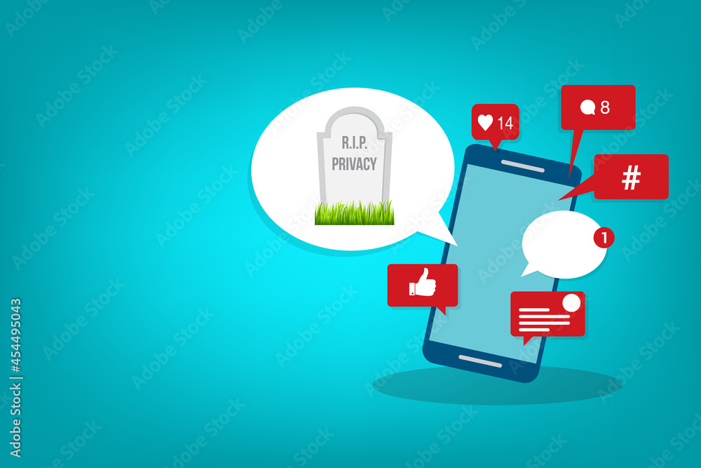 Social media concept - Viral content, social activity and smm - likes, shares and comments popping up on the mobile screen, with a speech bubble and a tombstone with rest in peace privacy text.  