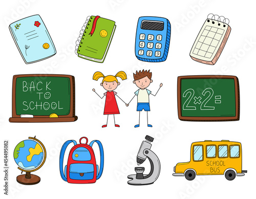 Doodle icon set. Elementary school. Blackboard, globe, children, bus, calculator, notebook, microscope. Hand-drawn decorative elements. Black white outline vector illustration. Isolated on white.