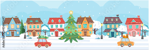 Horizontal banner with cute houses at winter snow day. Cottages, trees, street lamps, christmas tree, cars. Winter town at day time. Vector illustration.