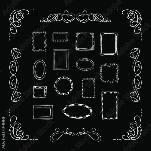 Vector set of hand drawn doodle frames isolated on white background, white chalk drawings set, simple freehand drawn sketches, filigree frame.