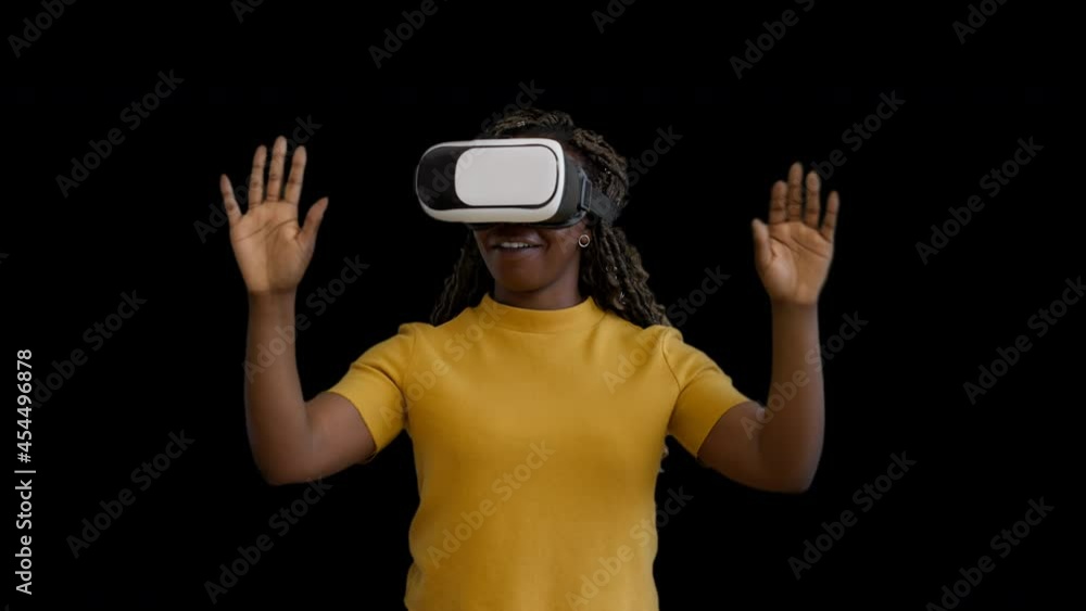 Female gamer in virtual reality goggles having fun, modern innovation, future Female gamer in virtual reality goggles having fun, modern innovation, future