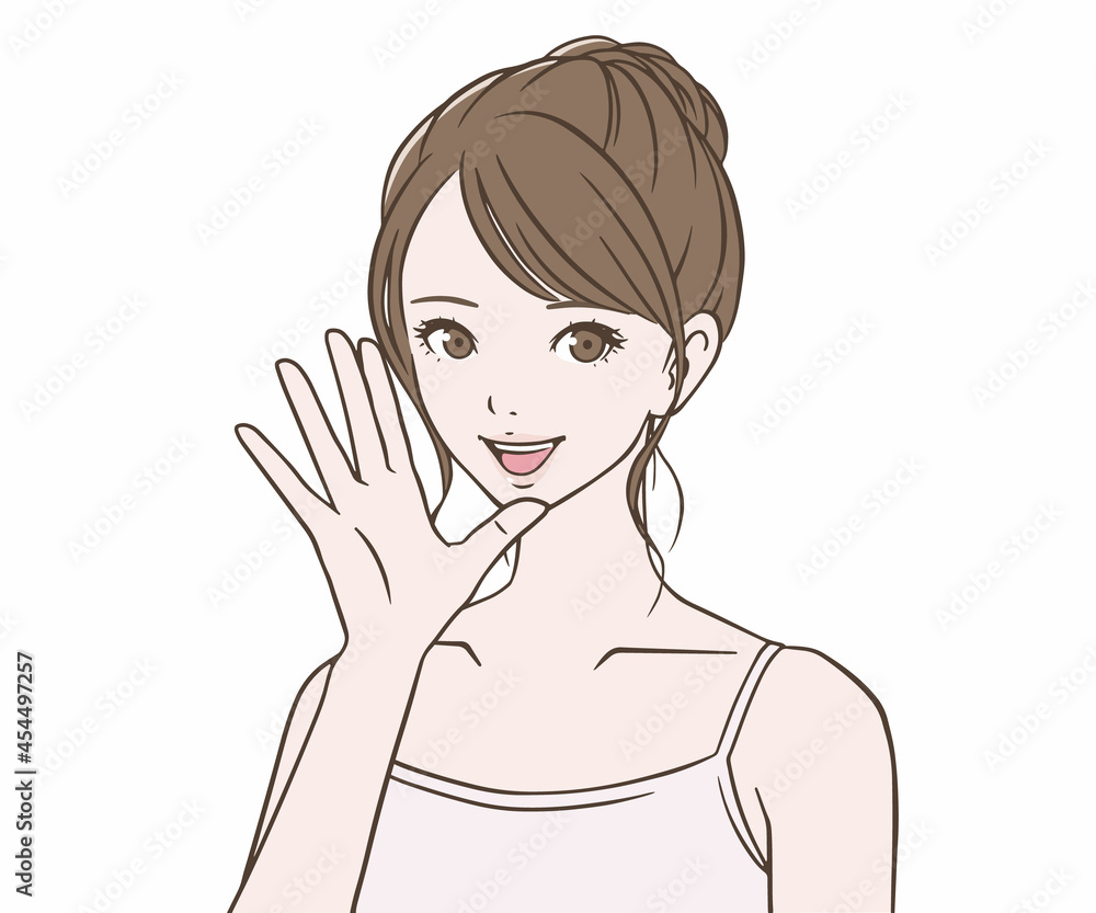 笑顔で呼びかけるキャミソールの女性 笑顔で呼びかけるキャミソールの女性