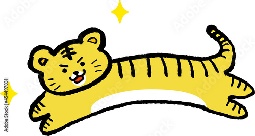 イラスト素材：寅年の年賀状　手描きの走るトラ全身　キラキラ

