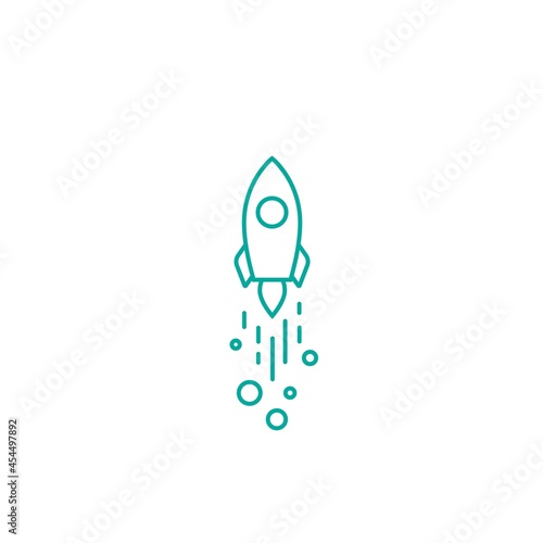 Outline rocket ship with fire. Isolated on white. Flat line icon. Vector illustration with flying rocket.