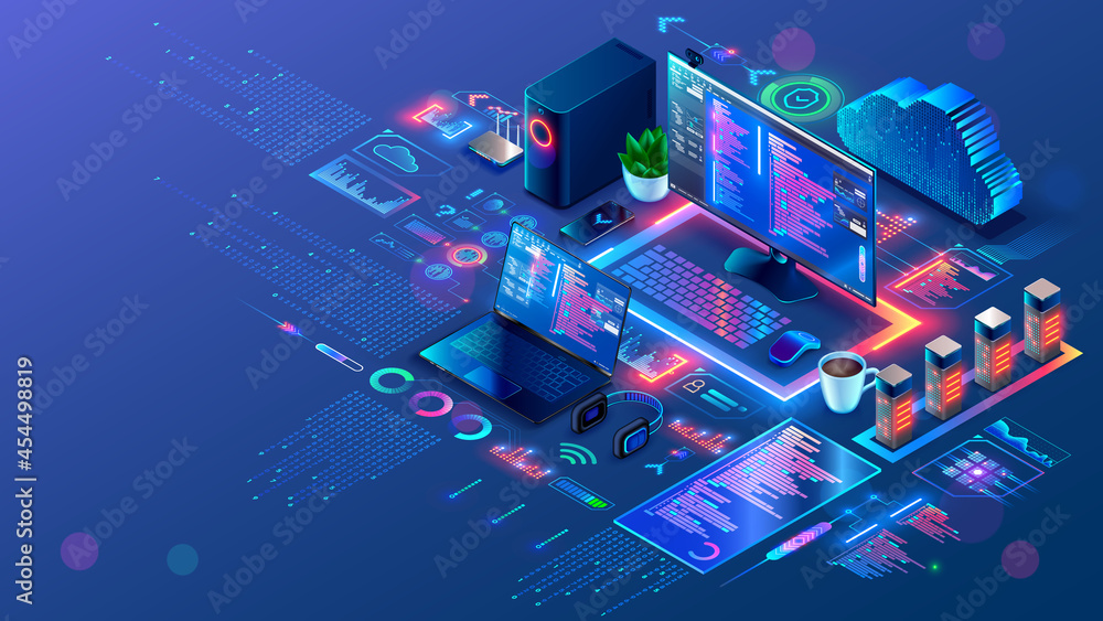 Computer technology isometric illustration. PC, laptop, phone on desk ...