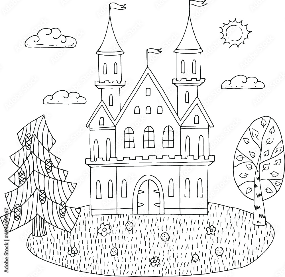 Cartoon fairy-tale castle doodle. Vector children's illustration with a magic castle on the grass with trees, sun and clouds. For coloring