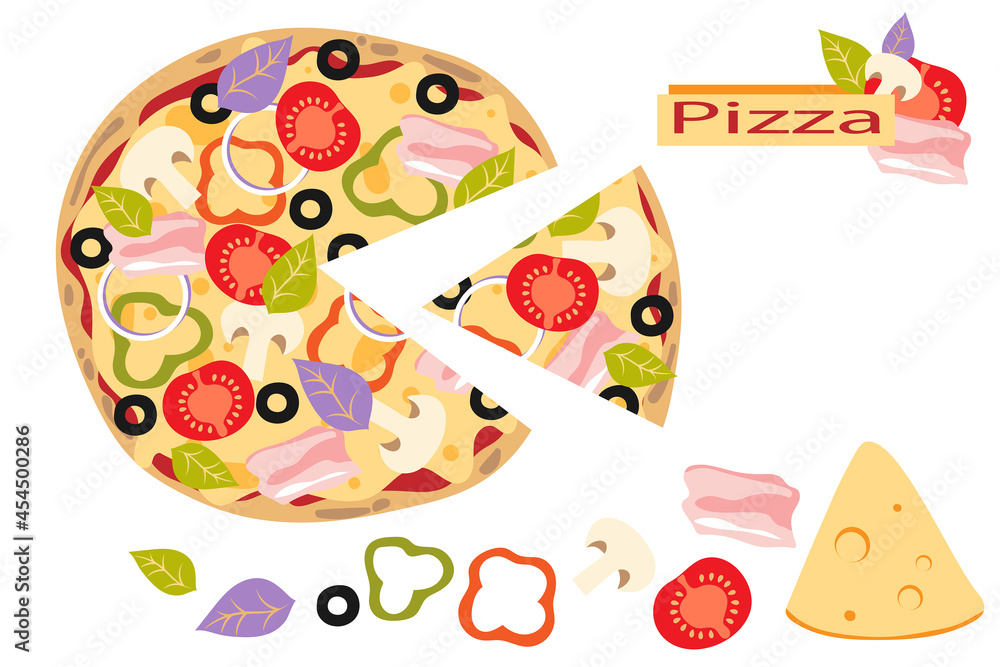 Italian food. Sliced pizza with ham, mushrooms, tomato, cheese, pepper, basil and olive. Flat style.