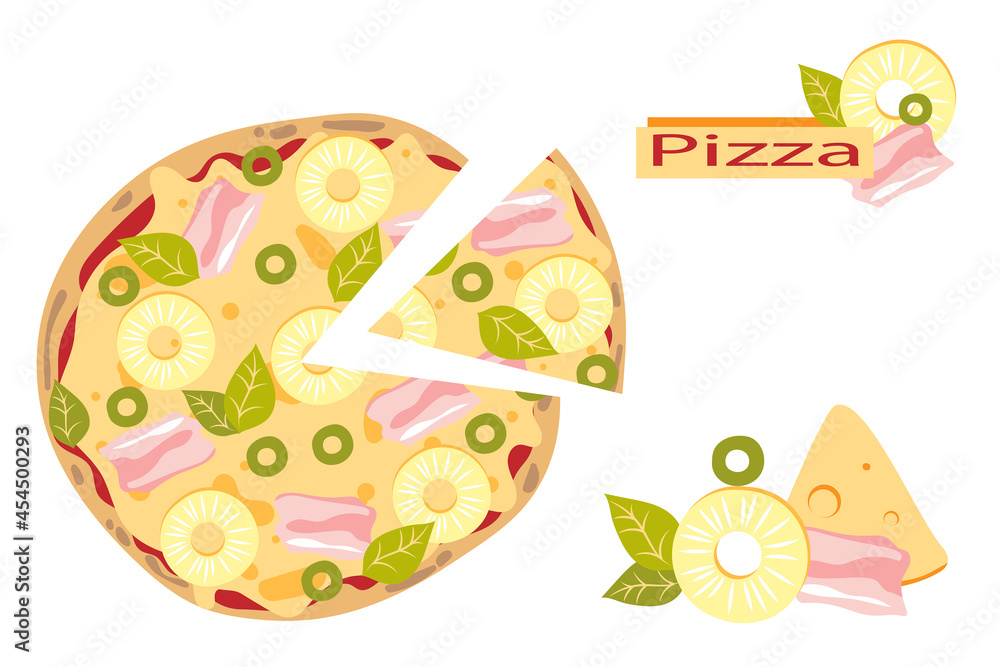 Siced Hawaiian pizza with pineapple, ham, cheese, basil and olive. Italian food. Cartoon style.