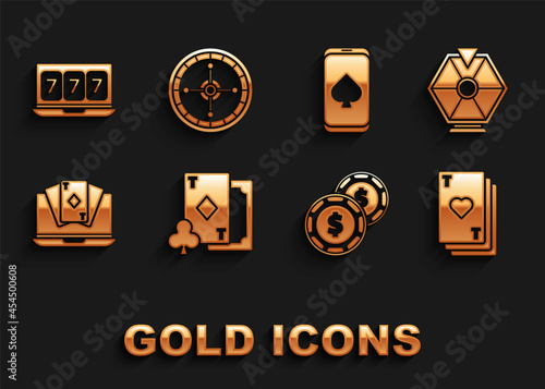 Set Playing card with diamonds, Lucky wheel, heart, Casino chip dollar, Online poker table game, slot machine lucky sevens jackpot and roulette icon. Vector