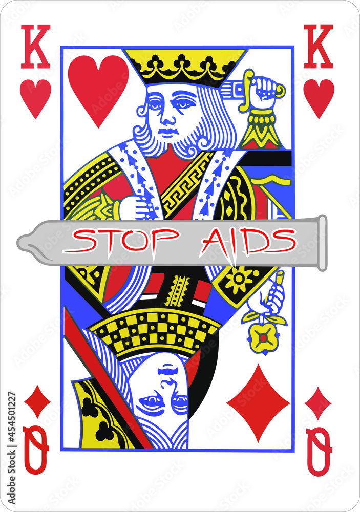 Flat composition poster of HIV AIDS prevention in the form of a playing card with the image of a condom between people, man and woman, vector illustration