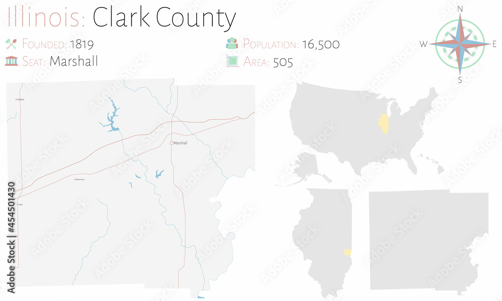 Large and detailed map of Clark county in Illinois, USA.