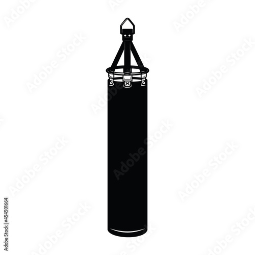 Illustration of boxing punching bag in vintage monochrome style. Design element for logo, label, sign, emblem, poster. Vector illustration