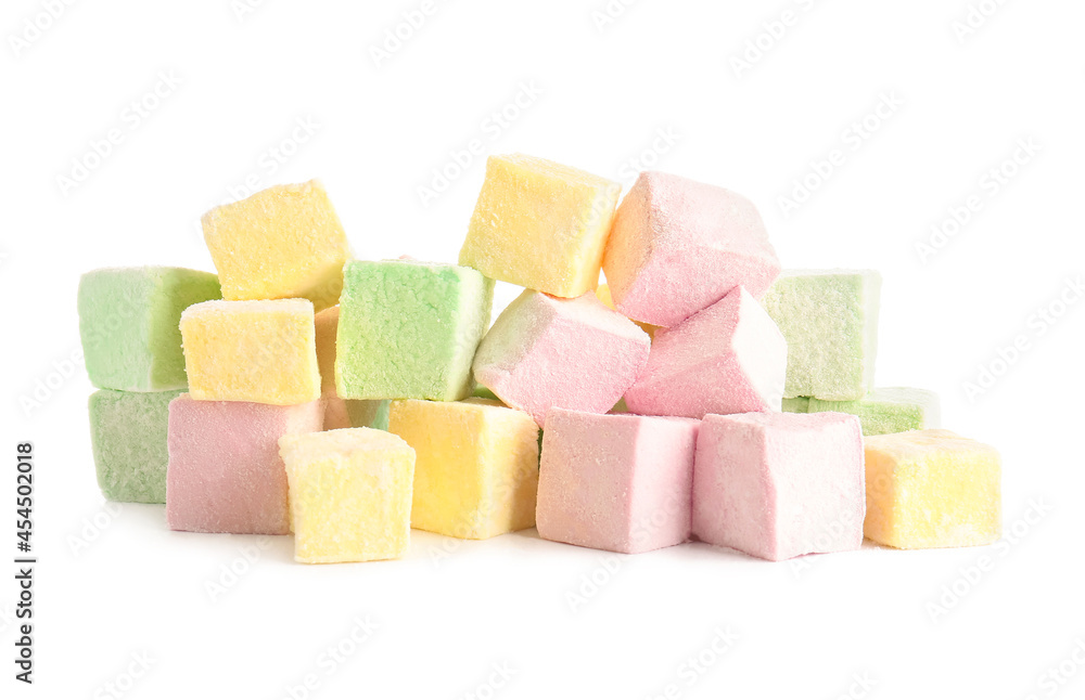 Tasty sweet marshmallows on white background Tasty sweet marshmallows on white background