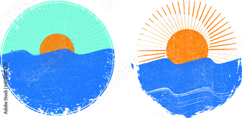 Mountain silhouettes with sun.  Rocky peaks in sunset.  Splatter Paint Texture . Distress Grunge background .Abstract vector.