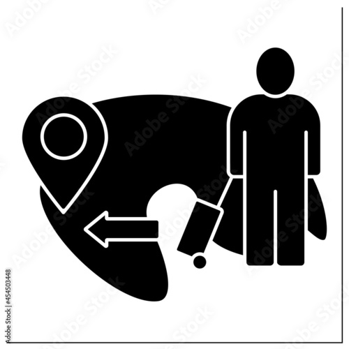 Emigration glyph icon.International people movement to destination country.Leave native country to live in another.Forced relocation.Migration.Filled flat sign. Isolated silhouette vector illustration