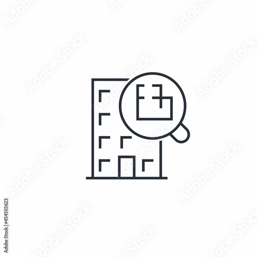 The choice of the layout of an apartment, office in a multi-storey building. Vector linear icon isolated on white background.