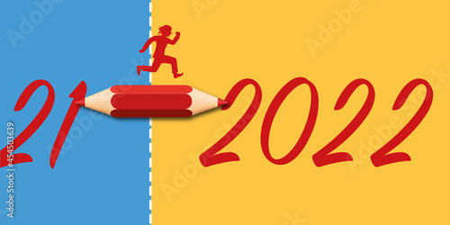 Carte de vœux 2022 symbolisant le passage à la nouvelle année avec une ligne en pointillé traversée par un crayon rouge.