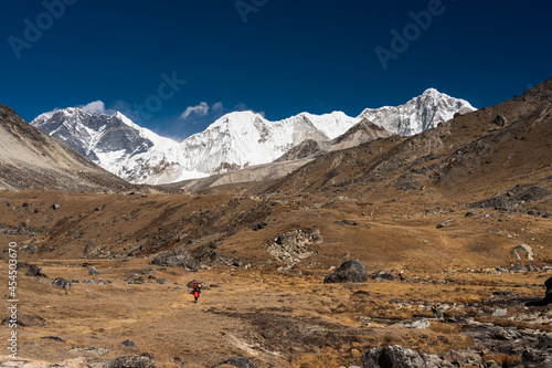 Trekking trail to Amphulapcha base camp surrounded by Himalaya mountains range, Everest region in Nepal photo