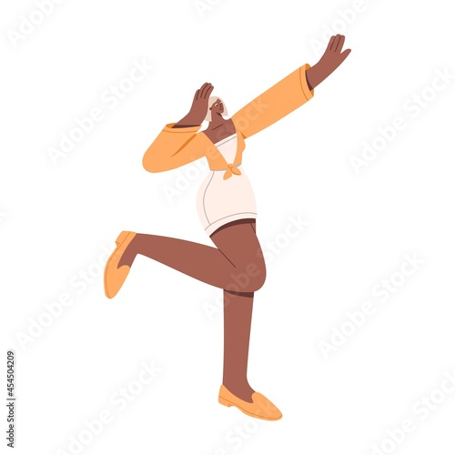 Happy young woman dancing with hands up. Carefree dark-skinned dancer in dress moving to music. Flat vector illustration of cool smiling positive person in motion isolated on white background