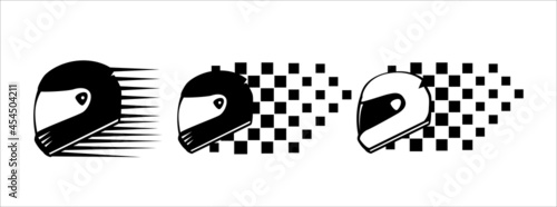 Motorcycle helmet vector icon set. Racing team symbol sign badge template. Helmet and racing flag vector illustration set.