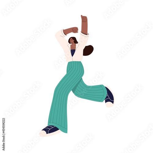 Happy young woman dancing and jumping with hands up. Modern dark-skinned dancer moving to music. Freedom concept. Flat vector illustration of smiling female in motion isolated on white background