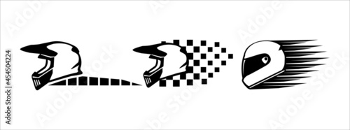 Motorcycle helmet vector icon set. Racing team symbol sign badge template. Helmet and racing flag vector illustration set.