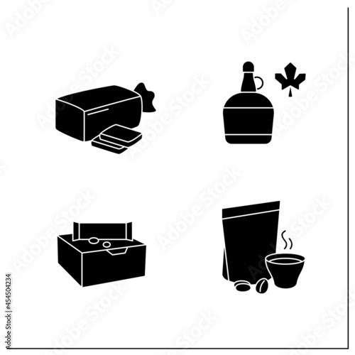 Packing foods glyph icons set. Beer, cow milk, popcorn, peanut butter jar. Protection, tampering resistance from bacteria. Meal concept.Filled flat signs. Isolated silhouette vector illustrations