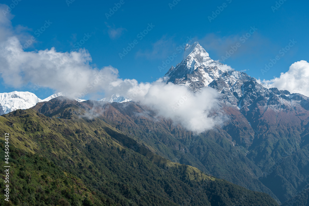 Machapuchare mountain peak , holy mountain in Annapurna range, Himalaya mountains range in Pokhara, Nepal Machapuchare mountain peak , holy mountain in Annapurna range, Himalaya mountains range in Pokhara, Nepal