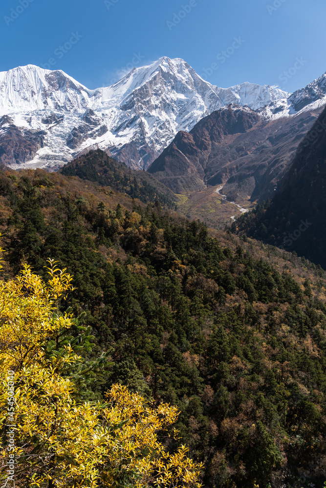 Himalaya mountains range landscape in Manaslu circuit trekking route in Nepal