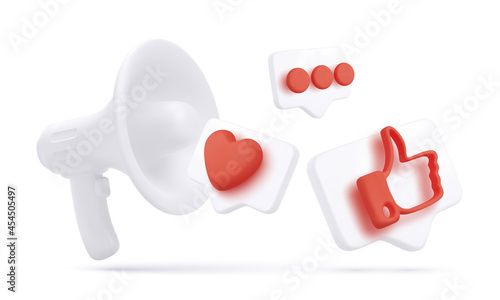 Realistic megaphone and 3d flying thumb up, heart and chat icons isolated on white background. Concept design for promo banner. Vector illustration