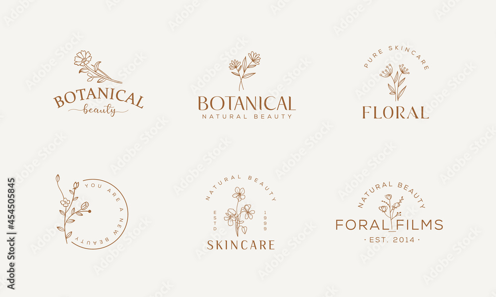 Floral element Botanical Hand Drawn Logo with Wild Flower and Leaves. Logo for spa and beauty salon, boutique, organic shop, wedding, floral designer, interior, photography, cosmetic.